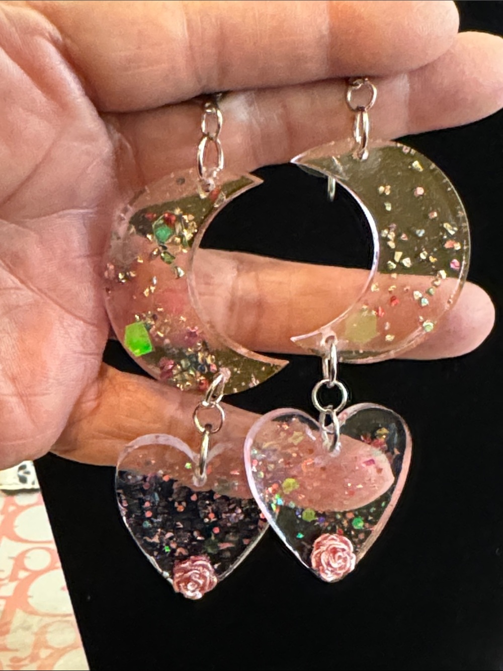 Pink Glitter Crescent Moon & Heart Dangle Earrings with Rose Accent